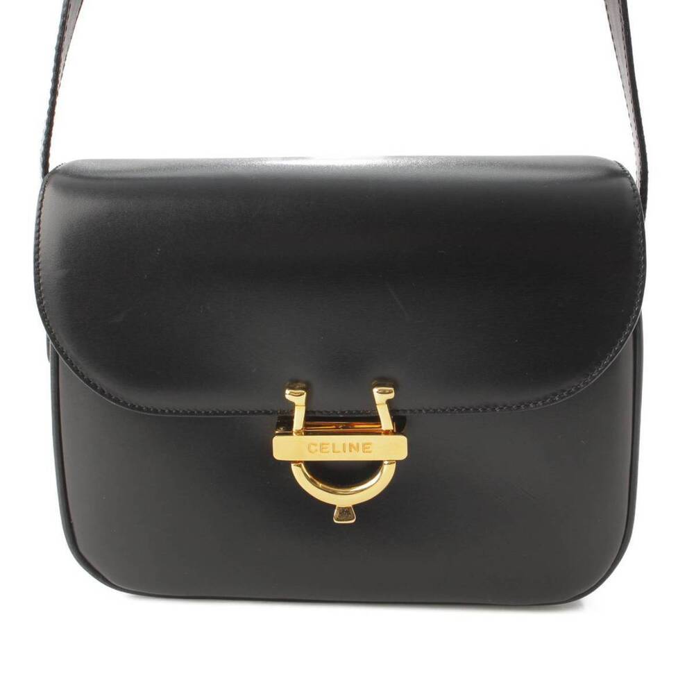 Celine Horseshoe Logo Leather Shoulder Bag Black